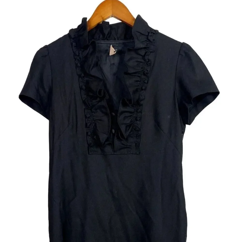 J. Crew Madeline Ruffle Collar Wool Short Sleeve Dress Pockets Side Zip 2 Black